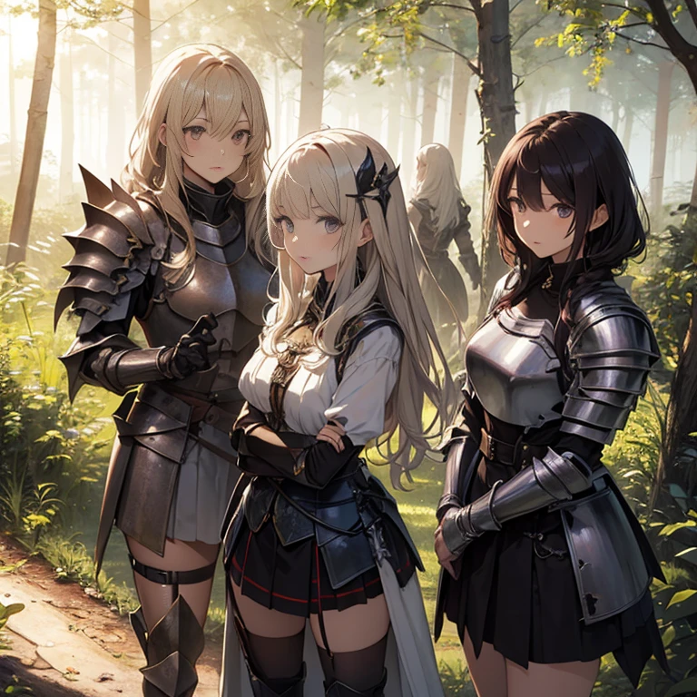 A group of female knights, (in forest), various hair styles, harem, wearing armored clothes, metal armor, night, details face, short skirt, seducing, sword,