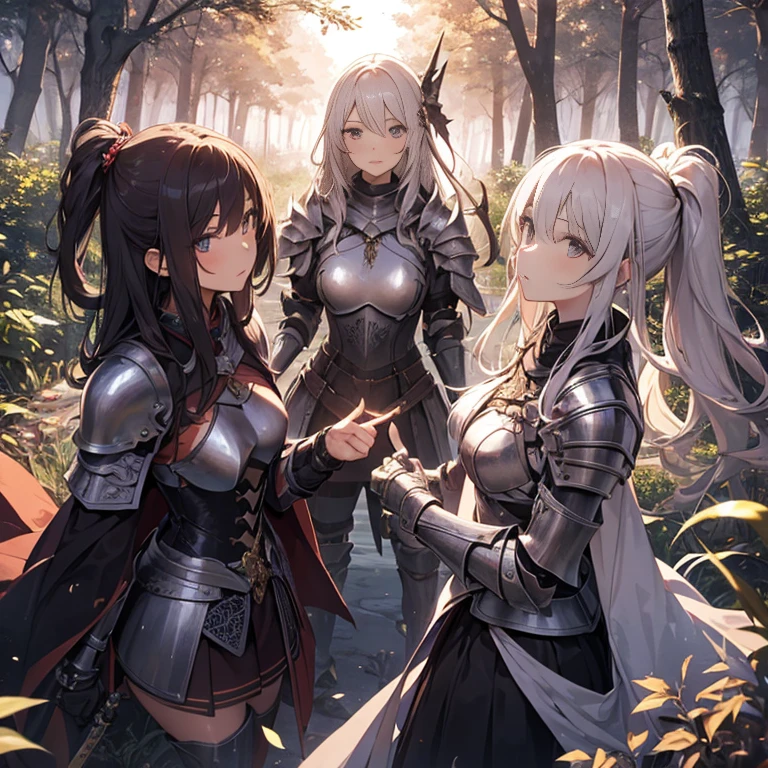 A group of female knights, (in forest), various hair styles, harem, wearing armored clothes, metal armor, night, details face, short skirt, seducing, sword,