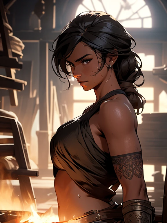 Masterpiece, digital artwork, A beautiful gorgeous sweaty blacksmith woman, perfect face, sharp nose, full lips, topless, dynamic volumetric cinematic lighting, highly detailed, intricately detailed, 