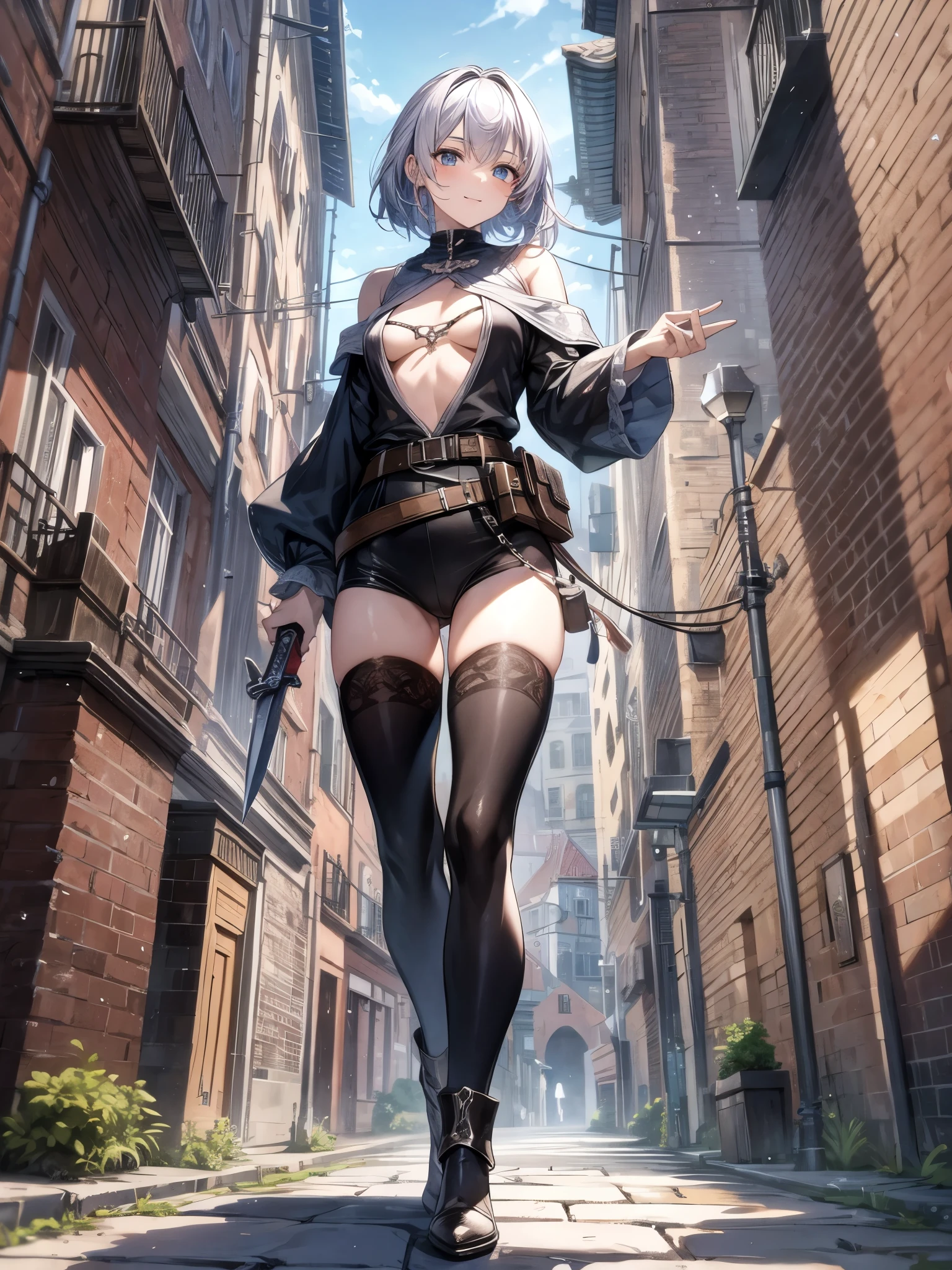 Medieval fantasy worldview、Full body view、View from below、Highest quality、masterpiece、Highest Resolution、movie、photograph、A vividly colored anime picture、Female Thief、Sexy woman、Silver Hair、Straight Hair、Short Hair、black full body tights、bandana、belt、Chest:1.3、A fearless smile、Armed with a knife、nice buddy、Cobblestone back alley、noon、shadow