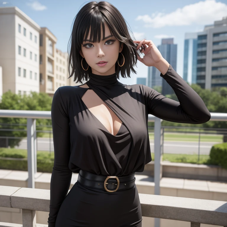 Masterpiece, best quality, detailed face, Fubuki, black hair, black dress, pelvic curtain, posing on a bridge, looking at viewer, neutral face, perfect hands