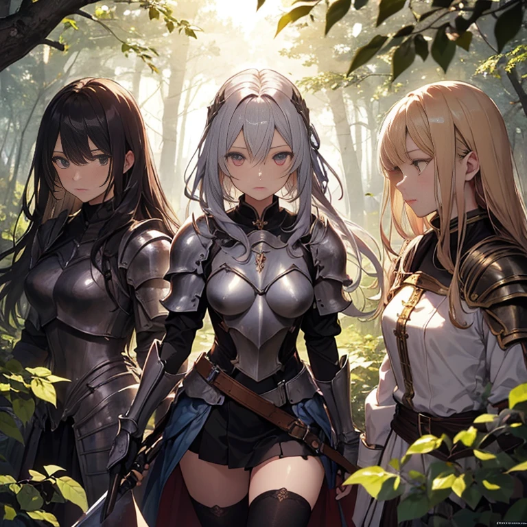 A group of female knights, (in forest), various hair styles, harem, wearing armored clothes, metal armor, night, details face, short skirt, seducing, sword,