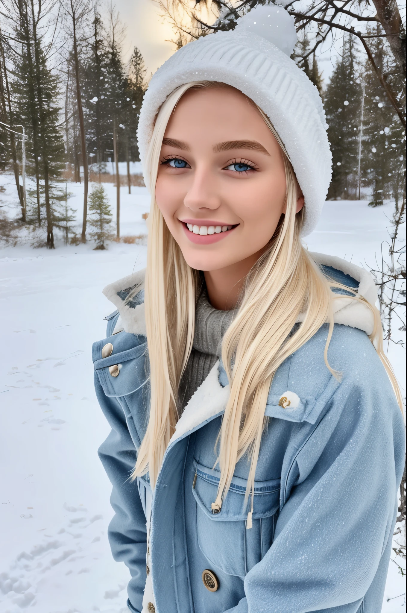 Young model, 21 years old, European, dar blonde hair, great body, good skincare, skincare lover, 5’6 height, snow clothes, cold clothers, smiling, super realistic, realistic, influencer