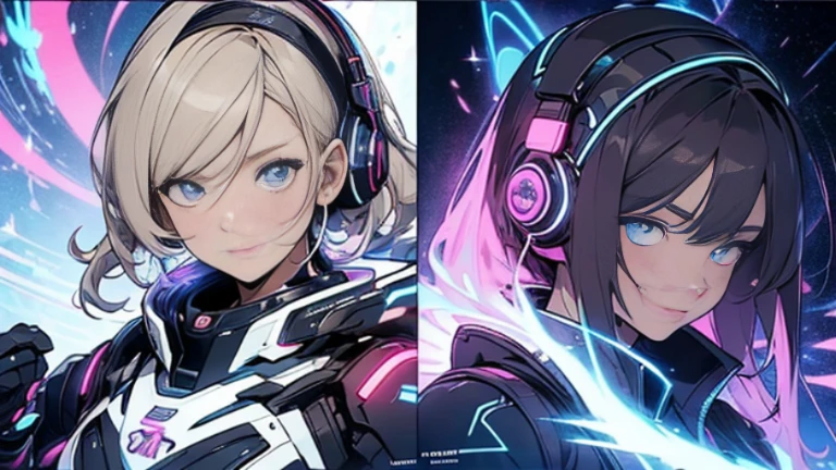 4K,UltraSharp,Multiple Views of the same character,Charterner v2, One girl, Slender figure, (Headphones),Brown Hair, Long Hair, blue eyes, same clothes, Concept Art, detailed_face, line_sketch, plan, Official Art, Official Alternative Costumes, Design style, multi style, detailed character, 4_~ side, original, 8K GC, massive detailed, Multiple Views of the same character, character, technical illustration, Multiple Views,masterpiece,highest quality(masterpiece, highest quality), 32k,(非常にdetailedな美しい女性), Poster,SF,Bauhaus, shape, Abstract,movie Poster, Vintage,Retro,Future Anime,The ultimate map,highlight,Headphones,Very detailed glowing eyes,Cleavage,Complex patterns,stylish hairstyle,fluorescence((White clothes)),Starry Sky,cyber punk