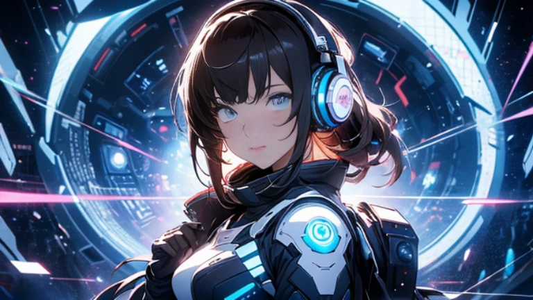 4K,UltraSharp,Multiple Views of the same character,Charterner v2, One girl, Slender figure, (Headphones),Brown Hair, Long Hair, blue eyes, same clothes, Concept Art, detailed_face, line_sketch, plan, Official Art, Official Alternative Costumes, Design style, multi style, detailed character, 4_~ side, original, 8K GC, massive detailed, Multiple Views of the same character, character, technical illustration, Multiple Views,masterpiece,highest quality(masterpiece, highest quality), 32k,(非常にdetailedな美しい女性), Poster,SF,Bauhaus, shape, Abstract,movie Poster, Vintage,Retro,Future Anime,The ultimate map,highlight,Headphones,Very detailed glowing eyes,Cleavage,Complex patterns,stylish hairstyle,fluorescence((White clothes)),Starry Sky,cyber punk