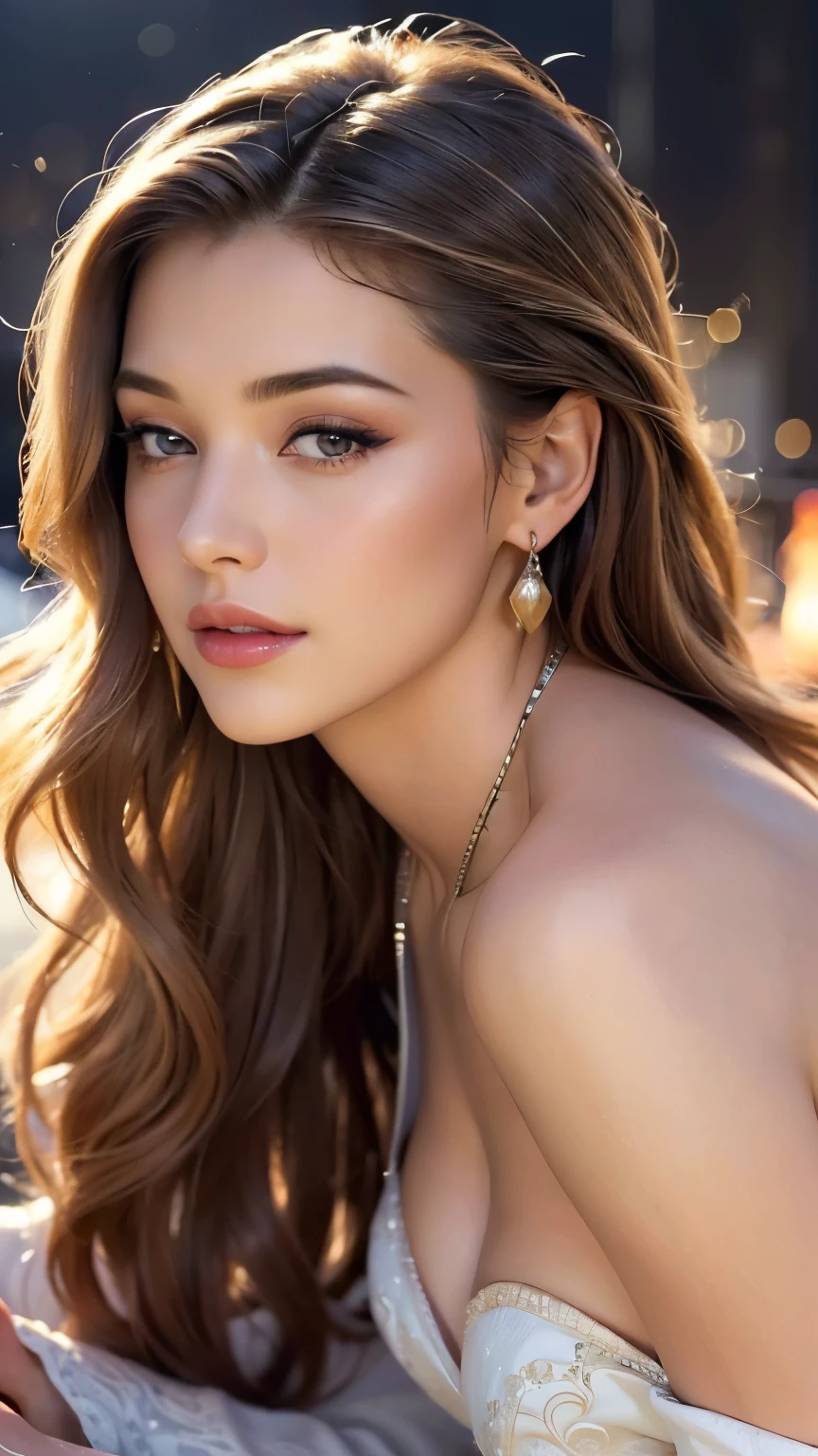 (highest quality, masterpiece, Ultra-high resolution, Photorealistic:1.4), One girl, Looking at the camera,Beautiful fine details, Detailed skin, Detailed lips, Long eyelashes, Full body portrait, Graceful posture, flowing hair, jewelry, Delicate earrings, Vibrant colors, alone, In front of the blazing fire, Slightly blurred background, Realistic lighting, Captivating Expressions,Cowboy Shot,