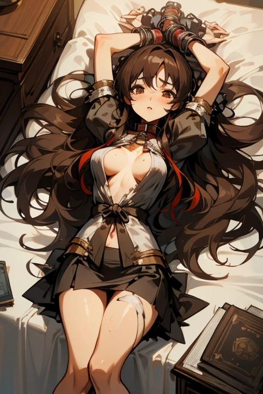Italian girl 25 years old, very long brown hair, super hyper gigantic breasts, very small torn blouse that cannot contain her breasts, black miniskirt, lying on the bed, her breasts are tied together, and her arms and legs are tied to the bed, she has a slave collar, breasts are wet