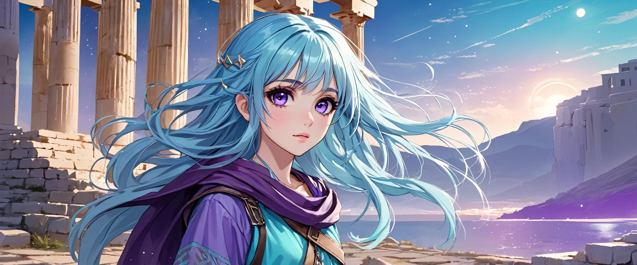 Masterpiece. High-resolution. 1girl about 20 years old. Pretty beautiful girl. Pretty big purple eyes. Delicate face. Beautiful face. (((Long light blue hair))). Straight hair. Messy hair. Hair bangs. Turquoise tunic. Purple tide pants. Leather boots. Greek ruins background with cosmic Sky.