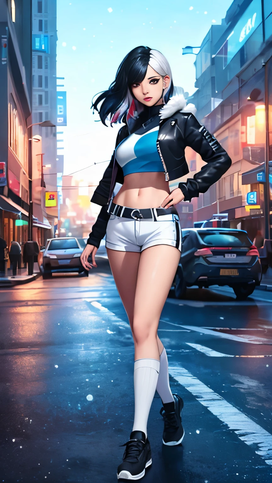 (Highly quality, masterpiece, detailed), night snowing city detailed scenario, night snowing city detailed background, 20 years old girl, solo, luna_snow, black hair, white hair, multi-colored hair, short hair, blue eyes, white eyes, multicolored eyes, black Leather crop top jacket, white leather shorts, white midriff, blue midriff, multicolored midriff, black footwear, white socks, blue socks, navel, perfect face, beautiful eyes, looking at the viewer, Sexy pose