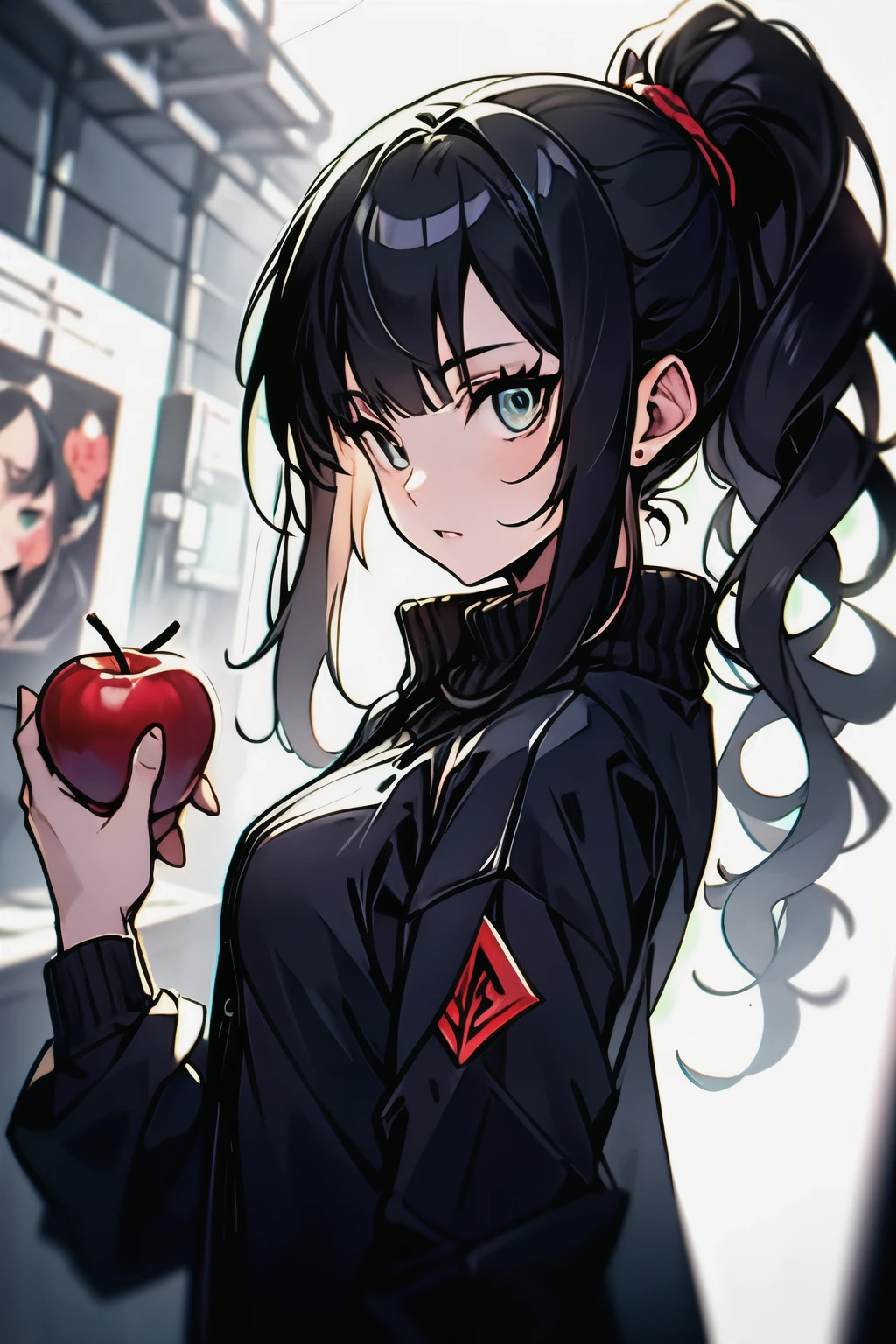 ((best quality)), ((artwork)), (detailed), perfect face thin woman 17 years old, blue eyes, long curly black hair tied in a ponytail, wearing black jeans and a turtleneck sweater. The jacket was a thin black windbreaker, holding an apple