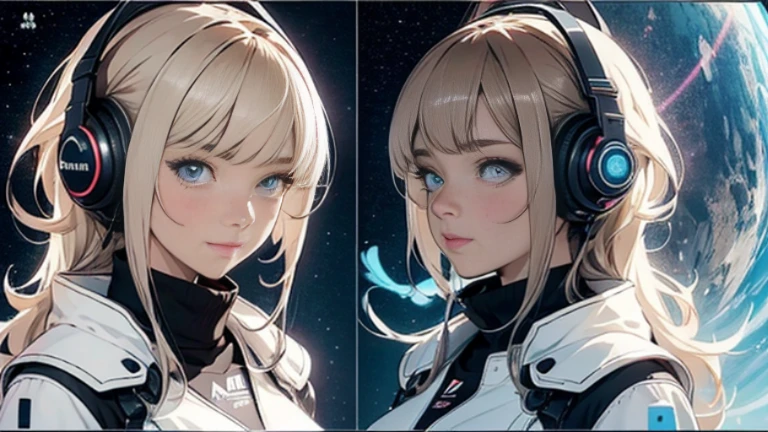 4K,UltraSharp,Multiple Views of the same character,Charterner v2, One girl, Slender figure, (Headphones),Brown Hair, Long Hair, blue eyes, same clothes, Concept Art, detailed_face, line_sketch, plan, Official Art, Official Alternative Costumes, Design style, multi style, detailed character, 4_~ side, original, 8K GC, massive detailed, Multiple Views of the same character, character, technical illustration, Multiple Views,masterpiece,highest quality(masterpiece, highest quality), 32k,(非常にdetailedな美しい女性), Poster,SF,Bauhaus, shape, Abstract,movie Poster, Vintage,Retro,Future Anime,The ultimate map,highlight,Headphones,Very detailed glowing eyes,Cleavage,Complex patterns,stylish hairstyle,fluorescence((White clothes)),Starry Sky,cyber punk