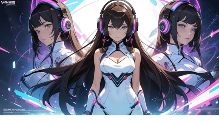 4K,UltraSharp,Multiple Views of the same character,Charterner v2, One girl, Slender figure, (Headphones),Brown Hair, Long Hair, blue eyes, same clothes, Concept Art, detailed_face, line_sketch, plan, Official Art, Official Alternative Costumes, Design style, multi style, detailed character, 4_~ side, original, 8K GC, massive detailed, Multiple Views of the same character, character, technical illustration, Multiple Views,masterpiece,highest quality(masterpiece, highest quality), 32k,(非常にdetailedな美しい女性), Poster,SF,Bauhaus, shape, Abstract,movie Poster, Vintage,Retro,Future Anime,The ultimate map,highlight,Headphones,Very detailed glowing eyes,Cleavage,Complex patterns,stylish hairstyle,fluorescence((White clothes)),Starry Sky,cyber punk