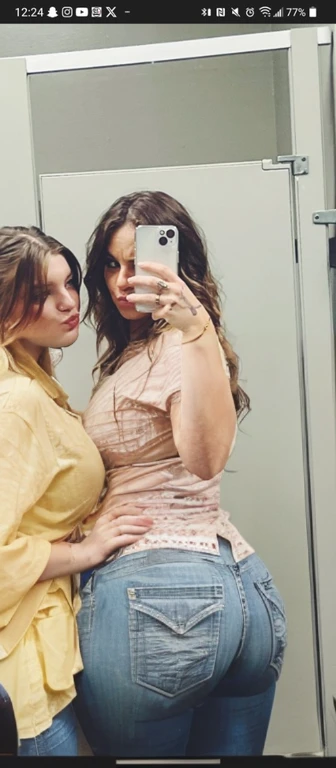 two women taking a selfie in a mirror in a bathroom, bella thorne and megan fox, high quality upload, snapchat photo, mirror selfie, beautiful girls, posing!!, profile image, lana del rey and zoë kravitz, 💋 💄 👠 👗, profile picture, selfie photo, profile pic, two models in the frame, beautiful women, mirror selfie, beautiful girl, big ass, huge ass, bbw, from behind, thick, thick thighs, wide hips, bbw, big , sideboob, giant ass, back view, big butt, round butt, tight underwear, underwear halfway off, underwear taking off, grabbing ass, ass spilling over underwear, too thick for clothes, looking left, leftwards, naked, no clothes, no pants, bikini