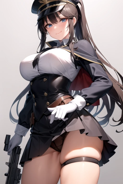 (Masterpiece, 8k, Best Quality, Highly detailed, depth of field:1.4), 1girl, black hair, black pantyhose, blue eyes, blue headwear, breasts, capelet, gloves, flinlock gun, hair between eyes, handgun, hat, hat feather, holding, holding gun, holding weapon, aiming at viewer, large breasts, long hair, looking at viewer, pantyhose, ponytail, revolver, shirt, skirt, solo, standing, thigh strap, weapon, white gloves, (skirt lift:0.8), panties, blush, seductive face, licking lips, sly smile, shy face, questionable, nsfw