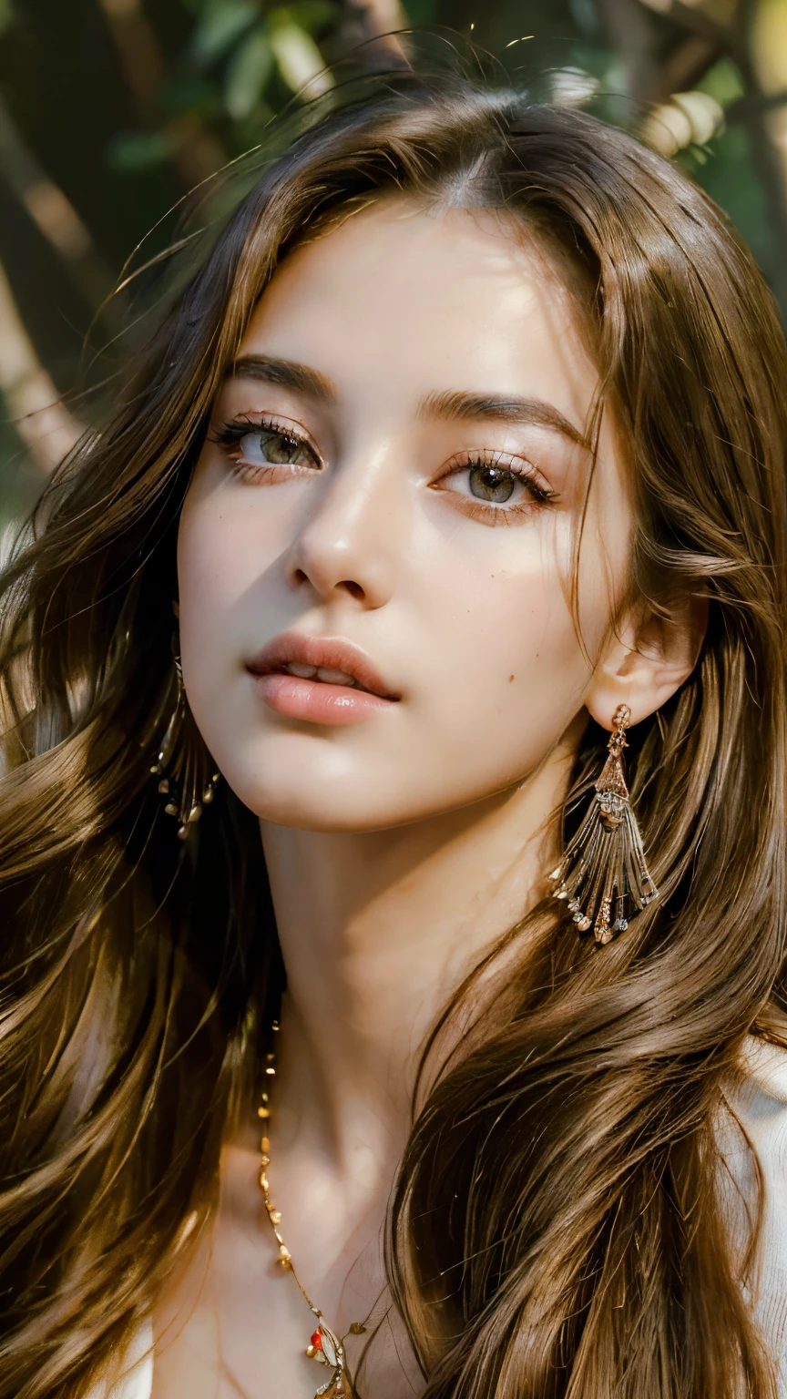 (highest quality, masterpiece, Ultra-high resolution, Photorealistic:1.4), One girl, Beautiful fine details, Detailed skin, Detailed lips, Long eyelashes, Full body portrait, Graceful posture, flowing hair, jewelry, Delicate earrings, Vibrant colors, alone, In front of the blazing fire, Slightly blurred background, Realistic lighting, Seductive expression, looking at camera