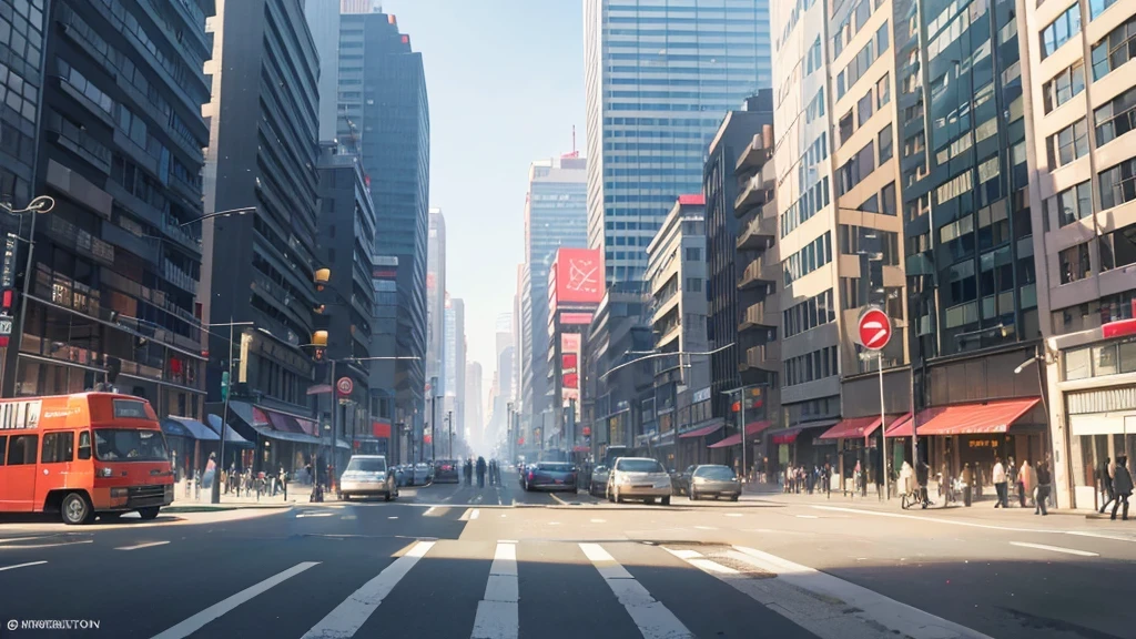 Busy Street，Background with high-rise buildings，Exquisite picture，illustration form，Simple color matching，The head is three-dimensional，Middle zebra crossing，There are pedestrians crossing the zebra crossing in the center of the picture，
