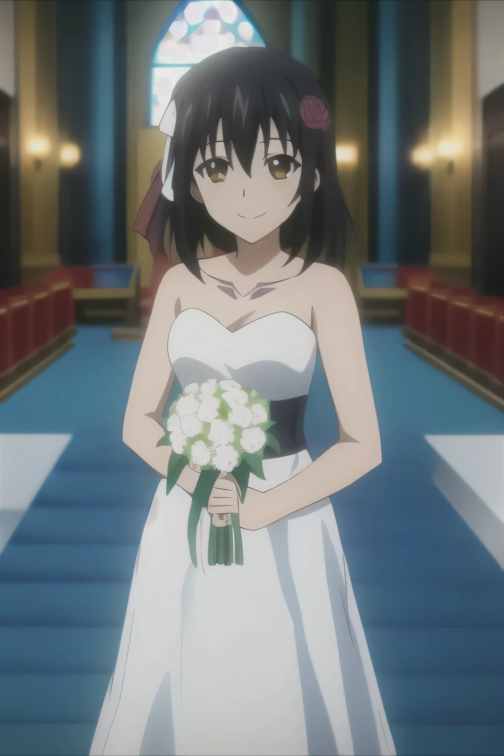 Yukina, One girl, one person in, length_hair, Looking_in_Audience, short_hair, front hair, black_hair, ribbon, hair_between_eye, Brown_eye, wedding style_dress, white_dress, Holding_Flowers, church, smile