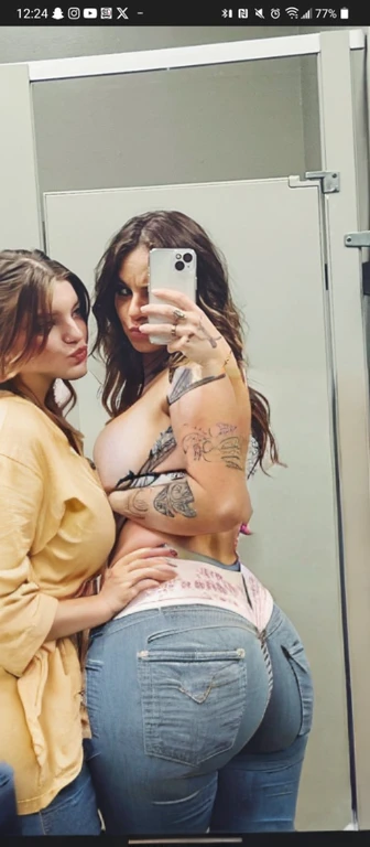 two women taking a selfie in a mirror in a bathroom, bella thorne and megan fox, high quality upload, snapchat photo, mirror selfie, beautiful girls, posing!!, profile image, lana del rey and zoë kravitz, 💋 💄 👠 👗, profile picture, selfie photo, profile pic, two models in the frame, beautiful women, mirror selfie, beautiful girl, big ass, huge ass, bbw, from behind, thick, thick thighs, wide hips, bbw, big , sideboob, giant ass, back view, big butt, round butt, tight underwear, underwear halfway off, underwear taking off, grabbing ass, ass spilling over underwear, too thick for clothes, looking left, leftwards, naked, no clothes, no pants, bikini

