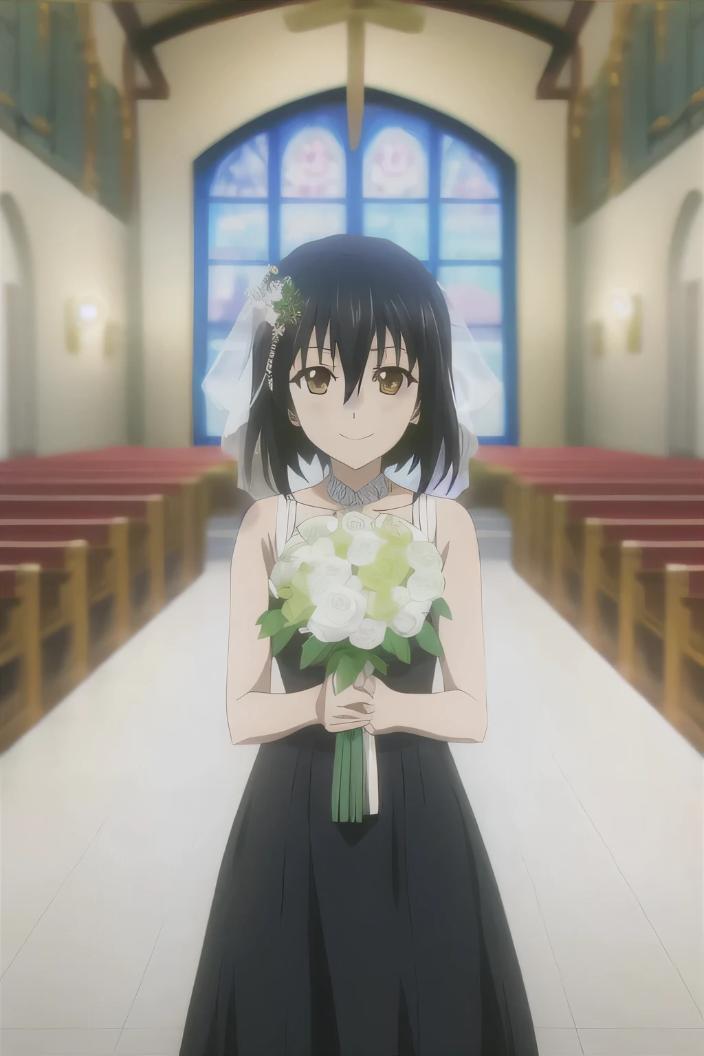 Yukina, One girl, one person in, length_hair, Looking_in_Audience, short_hair, front hair, black_hair, ribbon, hair_between_eye, Brown_eye, wedding style_dress, white_dress, Holding_Flowers, church, smile