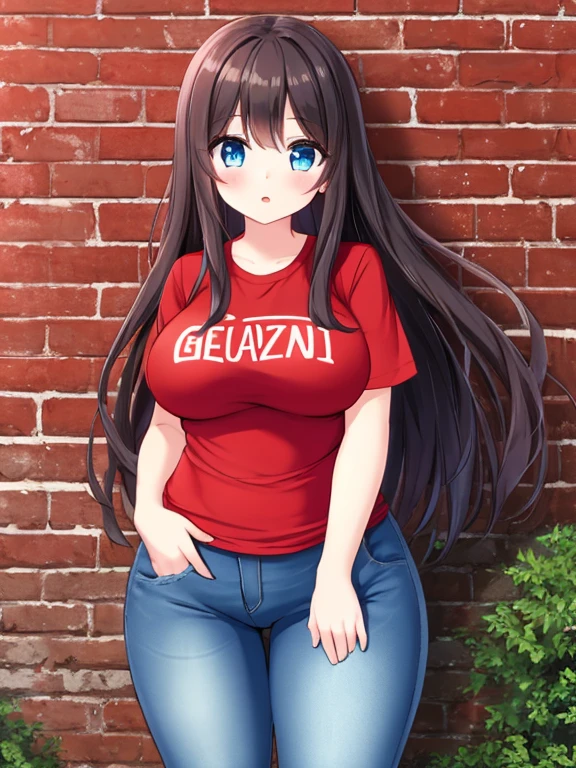 A Pretty Girl, with Long brunette hair, Beautiful Blue Eyes, absurdly Big Breasted, very wide hips, and has a very short stature. In a casual outfit, with very worn jeans, and a solid Red shirt. standing near a brick wall, in a small city.