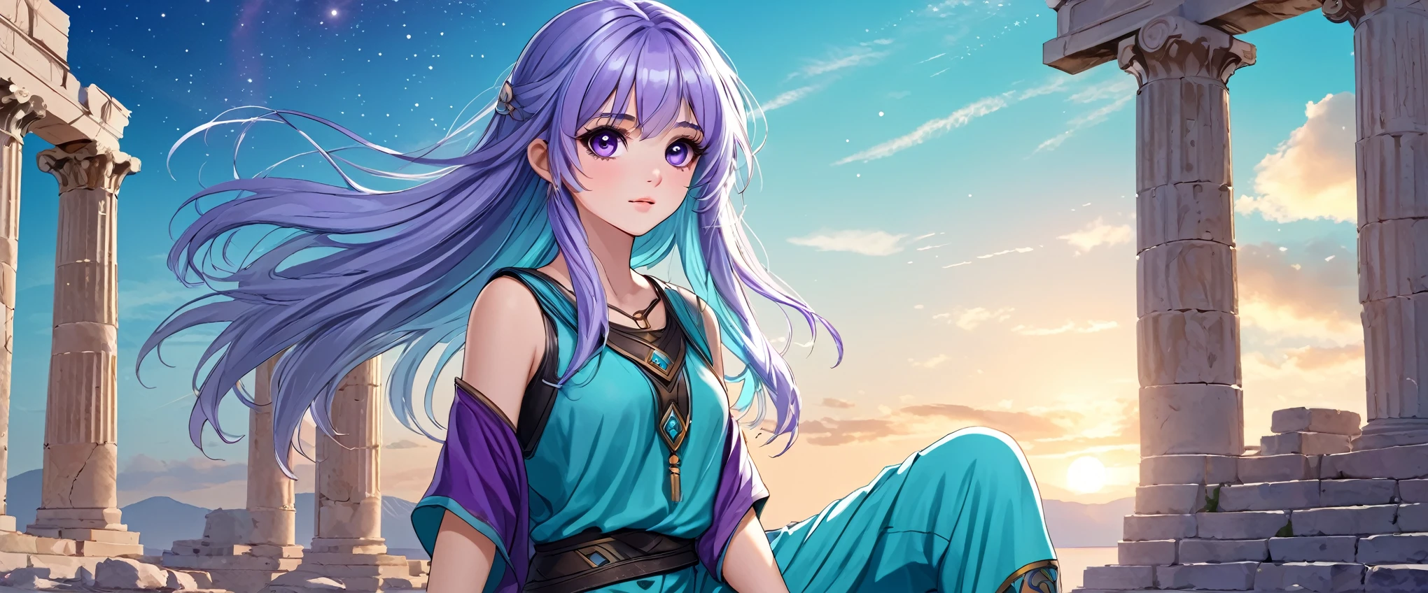 Masterpiece. High-resolution. 1girl about 20 years old. Pretty beautiful girl. Pretty big purple eyes. Delicate face. Beautiful face. (((Long light blue hair))). Straight hair. Messy hair. Hair bangs. Turquoise tunic. Purple tide pants. Leather boots. Greek ruins background with cosmic Sky.