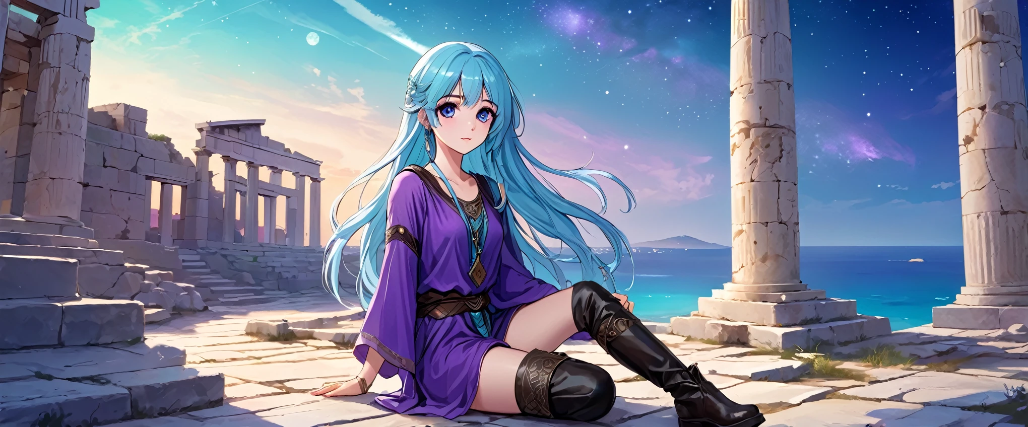 Masterpiece. High-resolution. 1girl about 20 years old. Pretty beautiful girl. Pretty big purple eyes. Delicate face. Beautiful face. (((Long light blue hair))). Straight hair. Messy hair. Hair bangs. Turquoise tunic. Purple tide pants. Leather boots. Greek ruins background with cosmic Sky.