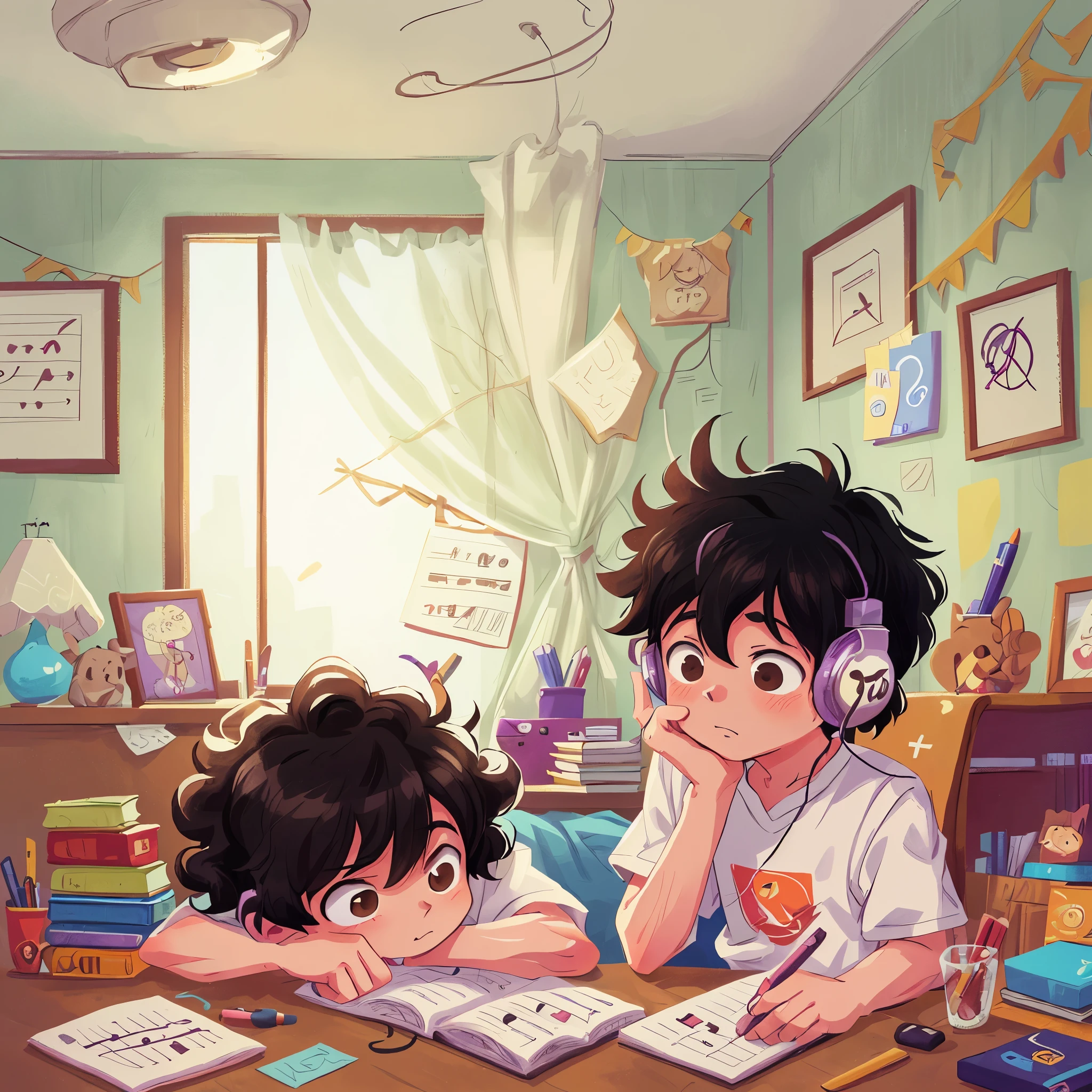A detailed anime-inspired illustration of a 10-year-old boy with curly black hair, brown eyes and a cute face. He is sitting on the bed, engrossed in writing in his notebook with a pencil. He wears headphones, revealing his love for music. The room has a calm and peaceful atmosphere,
