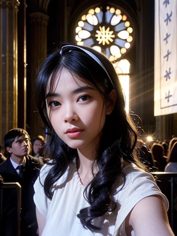 1girl, 21 years old, (realistic:1.3), finely detailed, quality, (masterpiece:1.2), (photorealistic:1.2), (best quality), (detailed skin:1.3), (intricate details), dramatic, ray tracing, photograph, Liquid [Marshlands|Madrid] from inside of a Cologne Cathedral, Bathed in shadows, Masterpiece, Despressing, Metalcore, film grain, Sony A7, 35mm