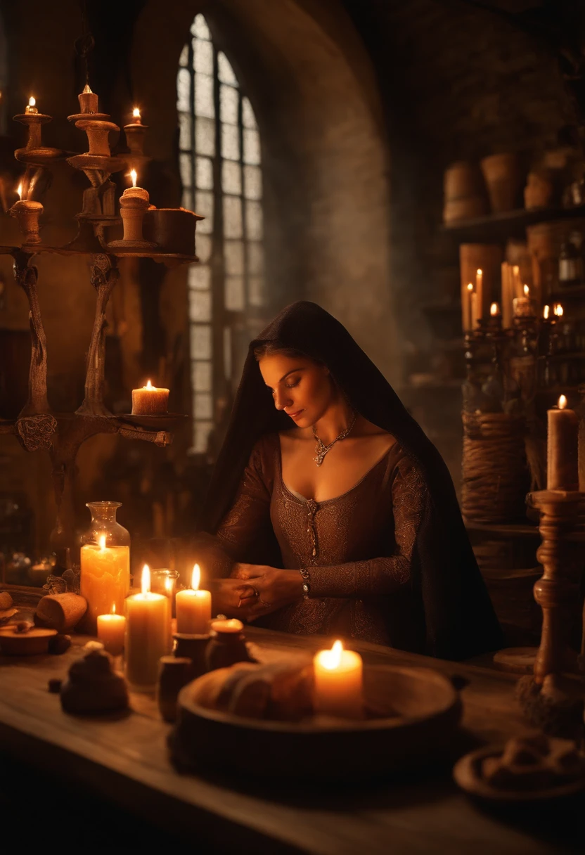 There's an Italian woman, Sentado em uma mesa com velas, She's in the bread shop, Magia, Who invokes a spell, Alquimista medieval no escuro, Fantasy Alchemist's Laboratory, Um feiticeiro arcano, Who casts a spell, ervas frescas, It's in an alchemist's lab, alchemy laboratory, Spell Wizard, magic laboratory setting