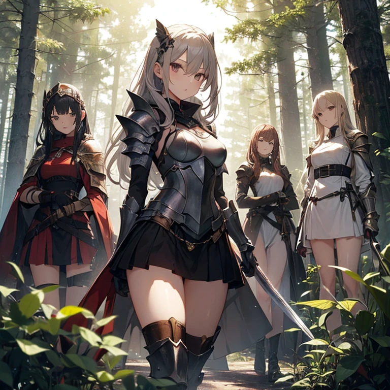 A group of  female knights, (in forest), various hair styles, harem, wearing armored clothes, metal armor, night, details face, short skirt, seducing, sword,