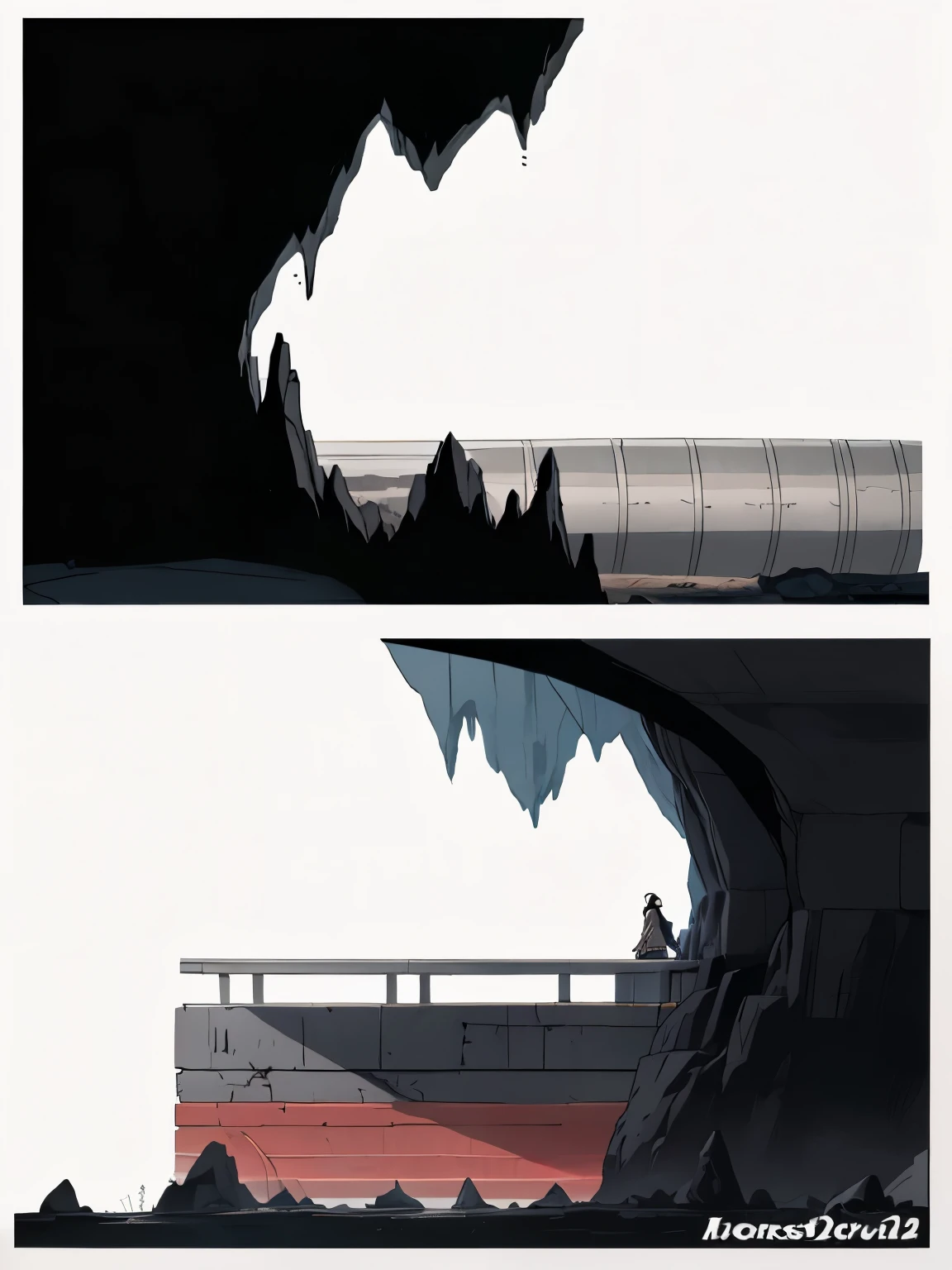 there are two photos of a man standing in a cave, arte conceitual escura de alto contraste, illustration concept art, arte conceitual limpa, arte conceitual do arquilecto, desenvolvimento visual, artes conceituais, inspirado em Krenz Cushart, Arte conceitual 2D, keyframe illustration, arte conceitual em quadrinhos, Krenz Cushart e Artem Demura, piso de rocha, background de cascalhos de coral, estrutura de rocha, parede de pedra, some dead roots, duas imagens em high resolution, parede quebrada, ruinas em lama, vine, Scenery of Stones, parte de uma caverna, colunas de caverna. high resolution, 8k, super detalhado.