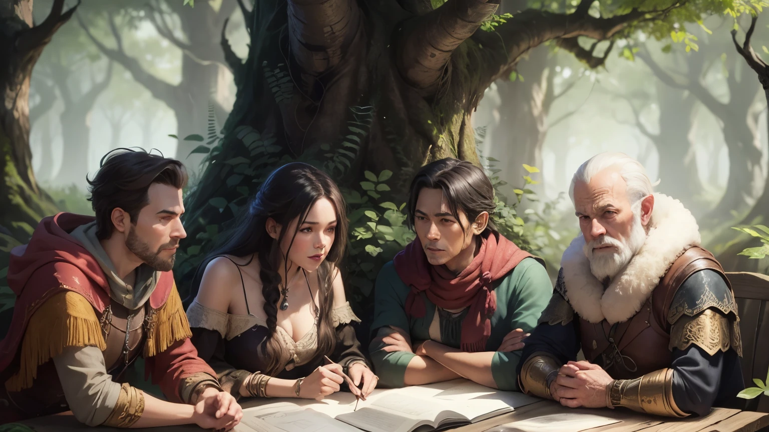 A group of dungeons and dragons adventurers in the forest, mature
