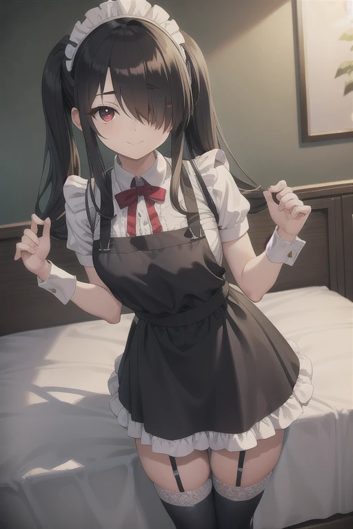 kurumitokisaki, tokisaki kurumi, black hair, low twintails, (hair over one eye:1.5), (red eyes:1.2), (small breast:1.2), BREAK blush, smile, thighhighs, bow, ribbon, cleavage, frills, apron, white thighhighs, wrist cuffs, maid, maid headdress, garter straps, BREAK looking at viewer, BREAK indoors, bed, bedroom, BREAK (masterpiece:1.2), best quality, high resolution, unity 8k wallpaper, (illustration:0.8), (beautiful detailed eyes:1.6), extremely detailed face, perfect lighting, extremely detailed CG, (perfect hands, perfect anatomy),