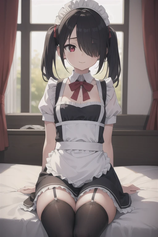 kurumitokisaki, tokisaki kurumi, black hair, low twintails, (hair over one eye:1.5), (red eyes:1.2), (small breast:1.2), BREAK blush, smile, thighhighs, bow, ribbon, cleavage, frills, apron, white thighhighs, wrist cuffs, maid, maid headdress, garter straps, BREAK looking at viewer, BREAK indoors, bed, bedroom, BREAK (masterpiece:1.2), best quality, high resolution, unity 8k wallpaper, (illustration:0.8), (beautiful detailed eyes:1.6), extremely detailed face, perfect lighting, extremely detailed CG, (perfect hands, perfect anatomy),