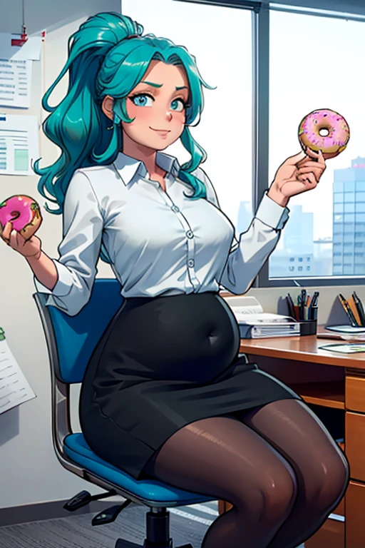 high_aesthetic, art by BetterWithSalt, 1girl, (aqua blue hair), long wavy hair, hair up, blue eyes, black pencil skirt, dress shirt, (black tights), happy expression, (skinny), [stuffed_belly], ((holding donut)), sitting in office, leaning back in chair, fancy office background with lots of windows, (best quality, masterpiece)

