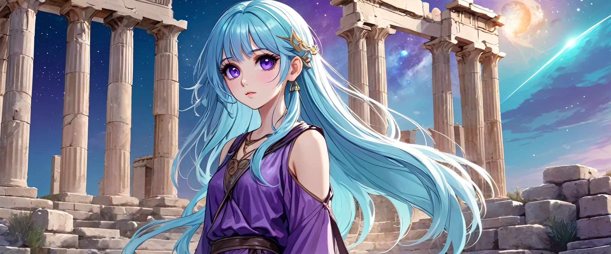 Masterpiece. High-resolution. 1girl about 20 years old. Pretty beautiful girl. Pretty big purple eyes. Delicate face. Beautiful face. (((Long light blue hair))). Straight hair. Messy hair. Hair bangs. Turquoise tunic. Purple tide pants. Leather boots. Greek ruins background with cosmic Sky.