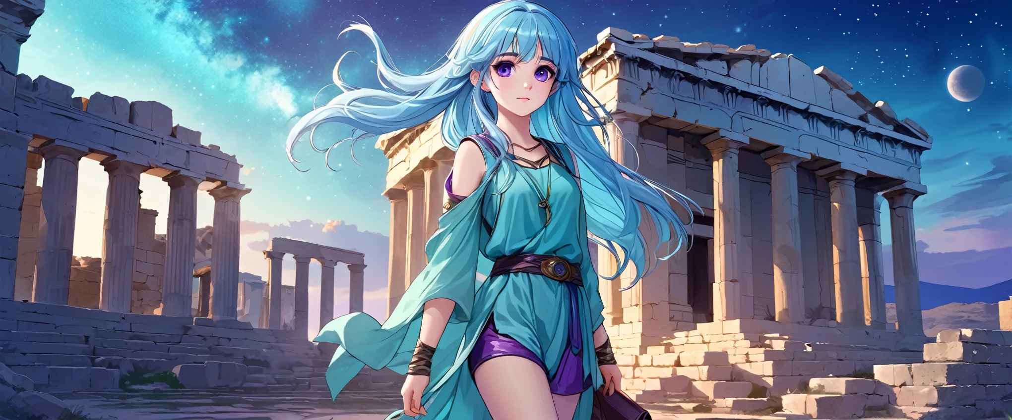 Masterpiece. High-resolution. 1girl about 20 years old. Pretty beautiful girl. Pretty big purple eyes. Delicate face. Beautiful face. (((Long light blue hair))). Straight hair. Messy hair. Hair bangs. Turquoise tunic. Purple tide pants. Leather boots. Greek ruins background with cosmic Sky.