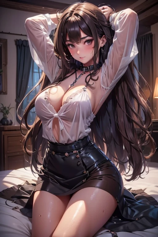 Italian girl 25 years old, very long brown hair, super hyper gigantic breasts, very small torn blouse that cannot contain her breasts, black miniskirt, lying on the bed, her breasts are tied together, and her arms and legs are tied to the bed, she has a slave collar, breasts are wet