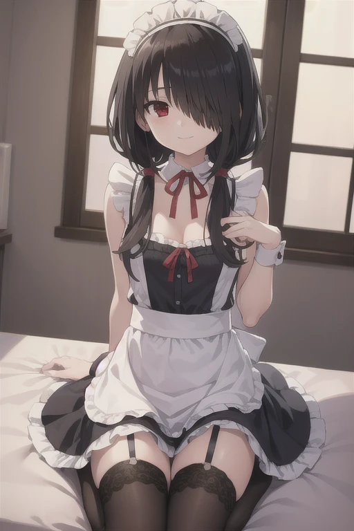 kurumitokisaki, tokisaki kurumi, black hair, low twintails, (hair over one eye:1.5), (red eyes:1.2), (small breast:1.2), BREAK blush, smile, thighhighs, bow, ribbon, cleavage, frills, apron, white thighhighs, wrist cuffs, maid, maid headdress, garter straps, BREAK looking at viewer, BREAK indoors, bed, bedroom, BREAK (masterpiece:1.2), best quality, high resolution, unity 8k wallpaper, (illustration:0.8), (beautiful detailed eyes:1.6), extremely detailed face, perfect lighting, extremely detailed CG, (perfect hands, perfect anatomy),