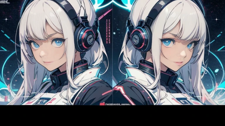 4K,UltraSharp,Multiple Views of the same character,Charterner v2, One girl, Slender figure, (Headphones),Brown Hair, Long Hair, blue eyes, same clothes, Concept Art, detailed_face, line_sketch, plan, Official Art, Official Alternative Costumes, Design style, multi style, detailed character, 4_~ side, original, 8K GC, massive detailed, Multiple Views of the same character, character, technical illustration, Multiple Views,masterpiece,highest quality(masterpiece, highest quality), 32k,(非常にdetailedな美しい女性), Poster,SF,Bauhaus, shape, Abstract,movie Poster, Vintage,Retro,Future Anime,The ultimate map,highlight,Headphones,Very detailed glowing eyes,Cleavage,Complex patterns,stylish hairstyle,fluorescence((White clothes)),Starry Sky,cyber punk
