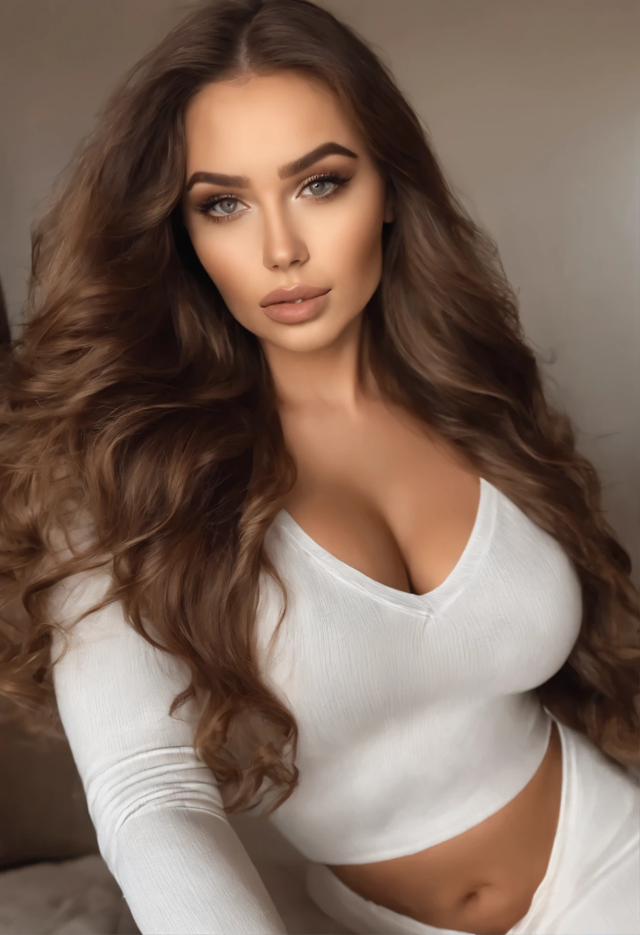 mulher arafada totalmente , Garota sexy com olhos castanhos, ultra realistic, Meticulosamente detalhado, Retrato de Sophie Mudd, cabelos castanhos e olhos grandes, selfie de uma jovem, Olhos de Dubai, Violeta Myers, sem maquiagem, Maquiagem natural, looking directly at the camera, cara com artgram, maquiagem sutil, impressionante foto de corpo inteiro ajoelhado na cama, no quarto, medium to large bust
