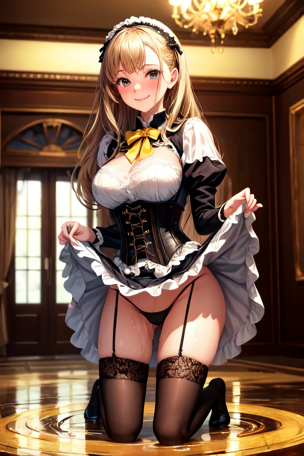 ((highest quality)), ((masterpiece)), (detailed), Perfect Face,gothic style,In a mansion,light smile,Embarrassed,beautiful girl,crinoline,lace socks,velvet,corset,panty shot,skirt lift,oiled skin,wet,kneeling,Spread your legs,Standing on a yellow puddle