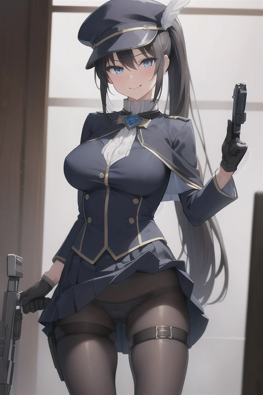 (Masterpiece, 8k, Best Quality, Highly detailed, depth of field:1.4), 1girl, black hair, black pantyhose, blue eyes, blue headwear, breasts, capelet, gloves, flinlock gun, hair between eyes, handgun, hat, hat feather, holding, holding gun, holding weapon, aiming at viewer, large breasts, long hair, looking at viewer, pantyhose, ponytail, revolver, shirt, skirt, solo, standing, thigh strap, weapon, white gloves, (skirt lift:0.8), panties, blush, seductive face, licking lips, sly smile, shy face, questionable, nsfw