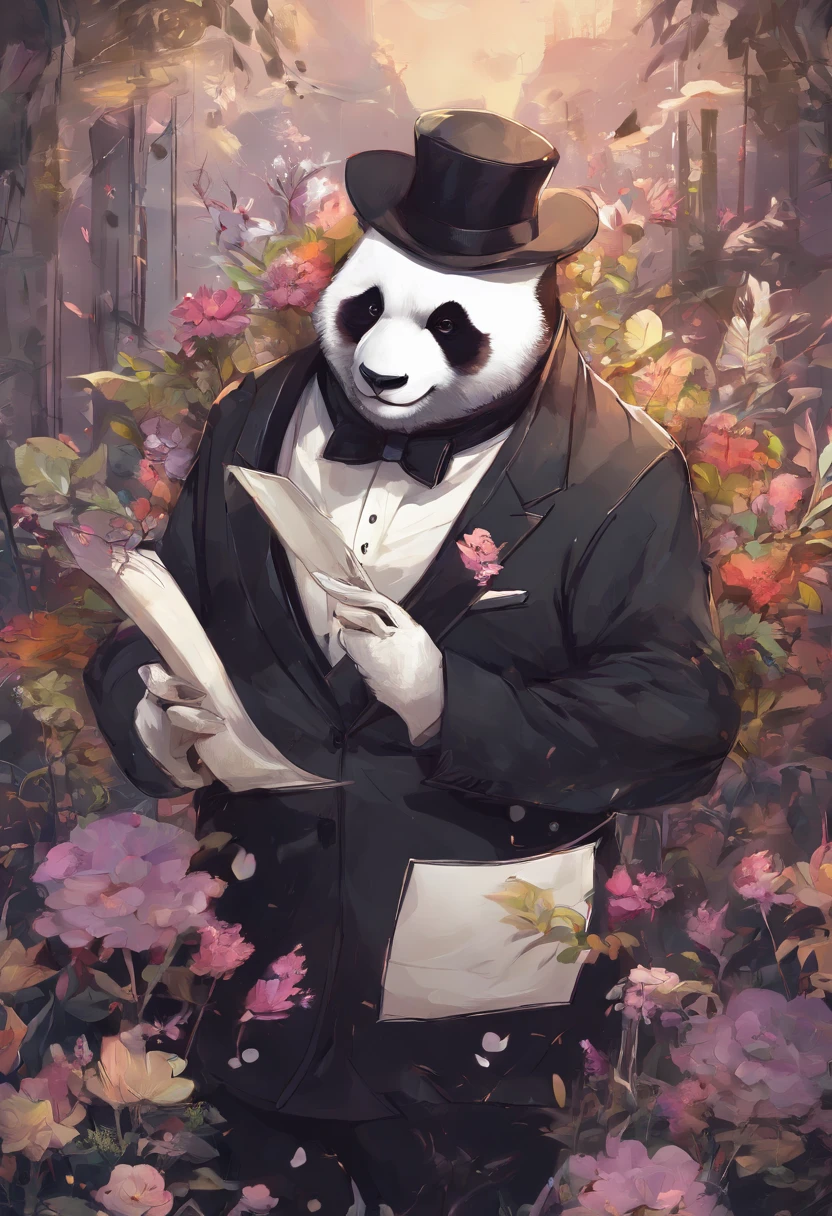 anthropomorphic panda, de cuerpo entero, vestido formalmente con un blazer, sostiene una bandeja, pegatina de panda, sticker de panda.