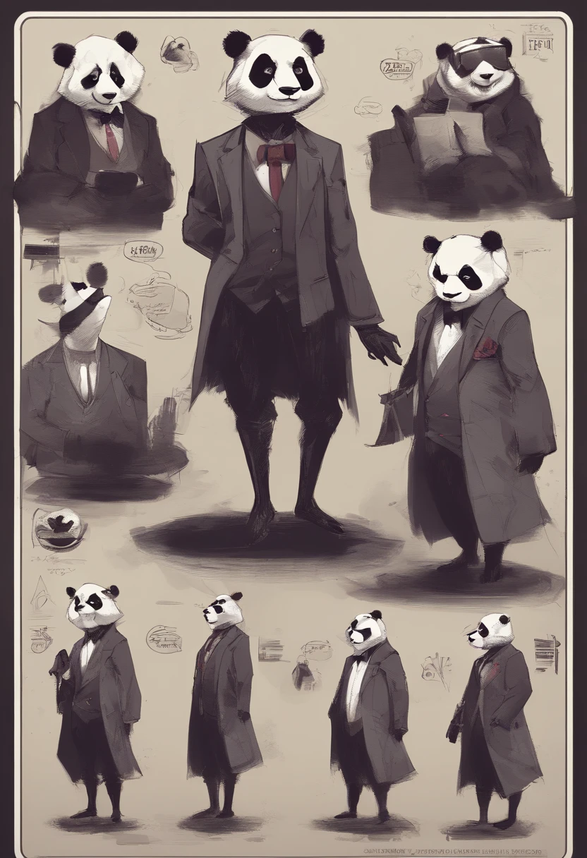 anthropomorphic panda, de cuerpo entero, vestido formalmente con un blazer, sostiene una bandeja, pegatina de panda, sticker de panda.