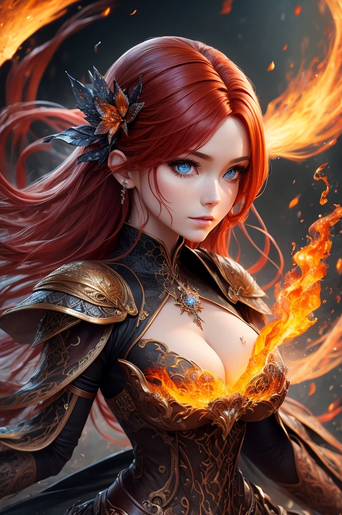 Beautiful gothic well-made-up redhead girl demonstrating the elements of earth, air, fire and water., Miki Asai Macro photography, close-up, hyper detailed, trending on artstation, sharp focus, studio photo, intricate details, highly detailed,