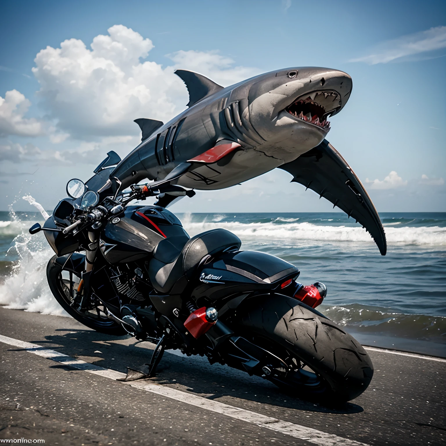 A sucked shark crushing a motorcycle with its hands