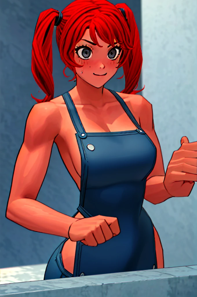 Twintail, red haired, 1girl, (grey eyes:1.5), well toned, well built, muscled, toned muscles, blushing, sweating, smiling, wearing only an apron, cooking, unfiltered femininity