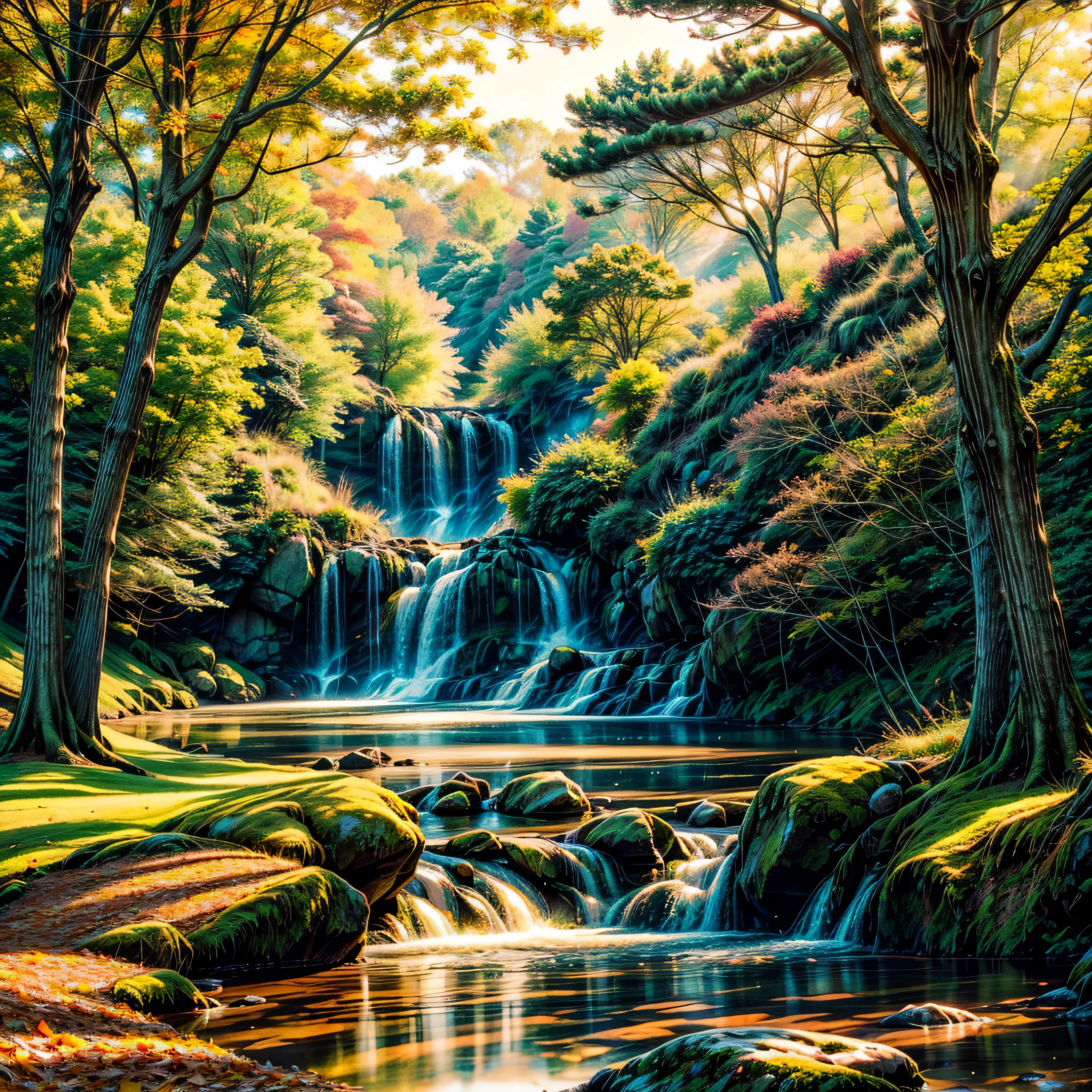 autumn leaves, gentle breeze, golden sunlight, rustling trees, serene atmosphere, vibrant colors, crisp air, falling leaves, tranquil setting, picturesque scenery, dreamy ambiance, mesmerizing beauty, nature's artwork, peaceful retreat, enchanting landscape, quiet solitude, immersive experience, visual feast, breathtaking view, ethereal charm, soothing vibes, stunning masterpiece.