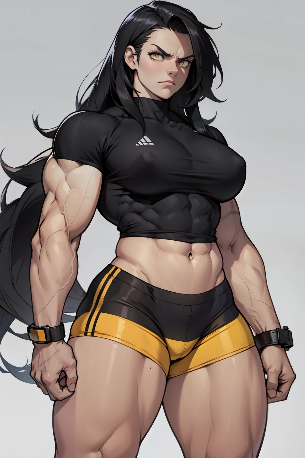 ((1girl)) pale skin large breasts (muscular) toned body thick thighs black hair yellow eyes (long hair grey background) bodybuilder angry tight shirt